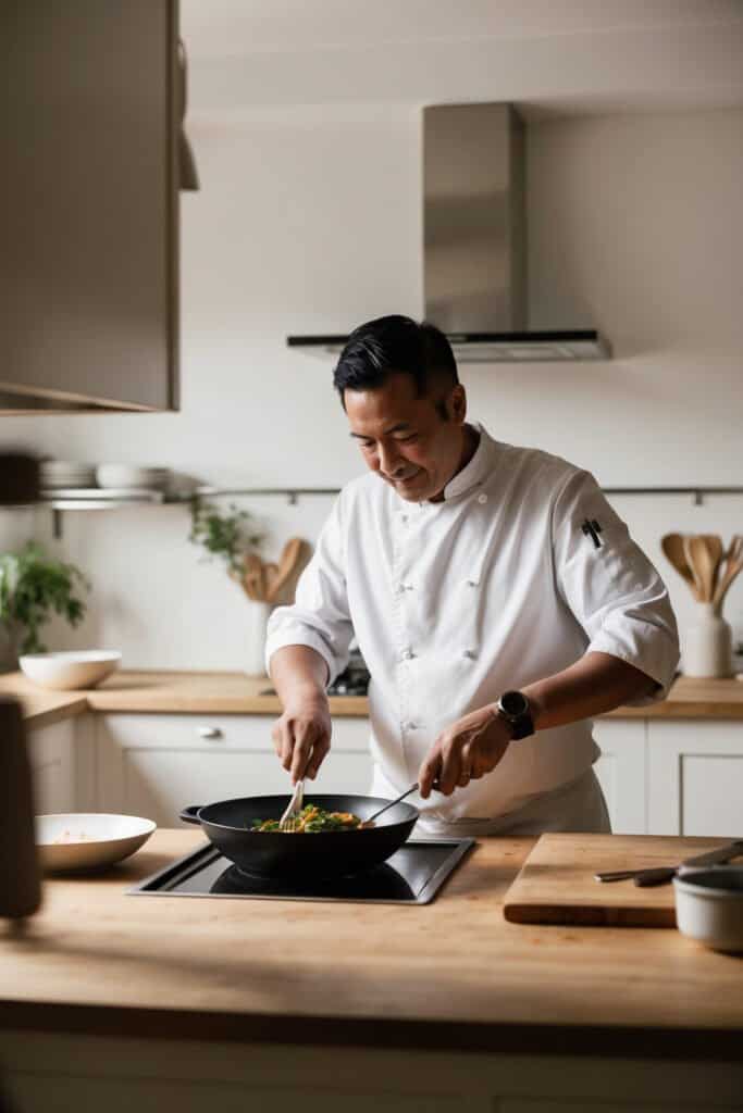 In a modern kitchen, a chef in a white uniform demonstrates expert technique, stirring ingredients with precision in a pan on the stove.