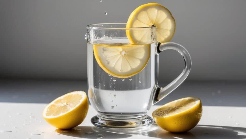 A glass mug filled with refreshing lemon water sits on a surface, garnished with lemon slices. For added wellness and health, two additional lemon halves are placed nearby.