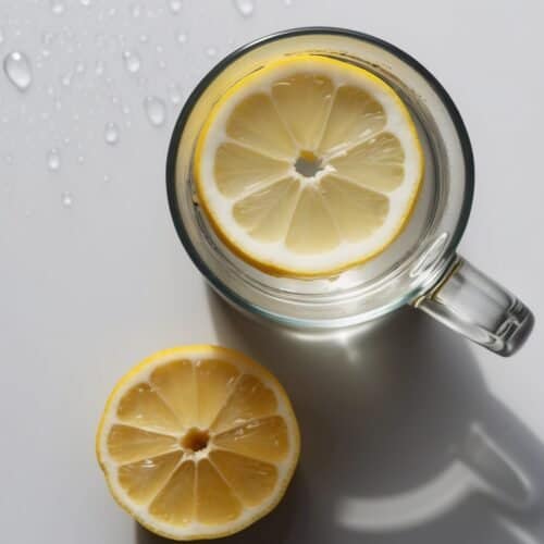 A glass mug brimming with refreshing lemon water, crowned with a juicy lemon slice, sits beside another vibrant slice on a pristine white surface adorned with glistening water droplets—an inviting scene that epitomizes health and wellness.