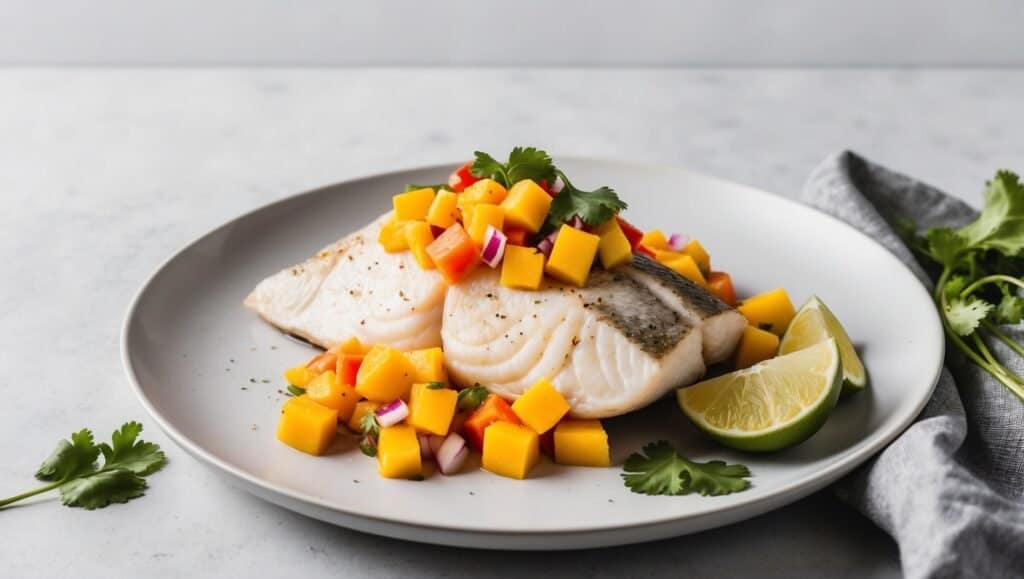 Grilled sea bass fillet topped with tropical mango and papaya salsa, garnished with cilantro, and served with lime wedges on a white plate.