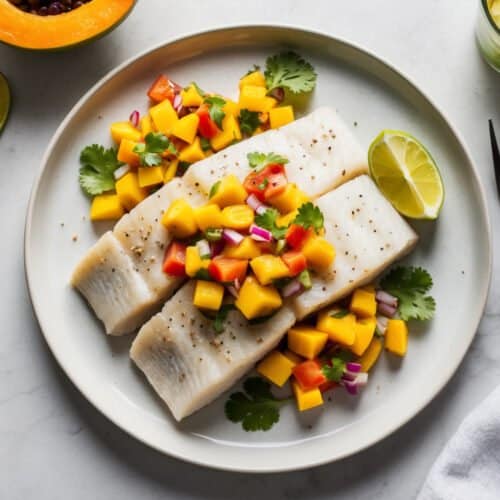 Plate of grilled sea bass topped with tropical mango salsa, garnished with cilantro and lime wedges. Fork and napkin on the side. Lemon water in the background.