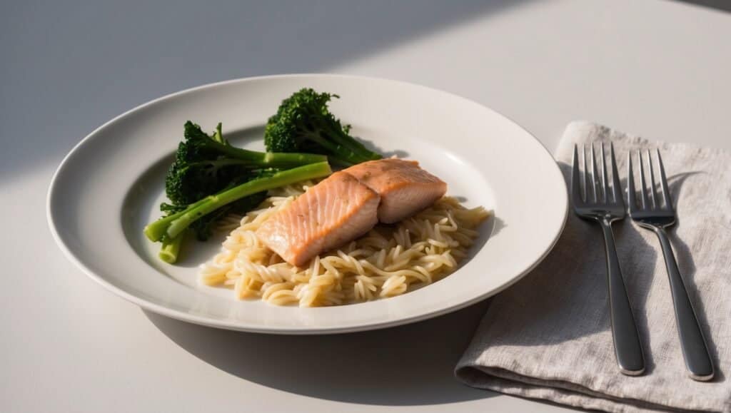 A balanced dinner featuring salmon on orzo pasta, paired with broccoli. A napkin and two forks are placed on the side, creating a starch-focused meal with delightful flavors.
