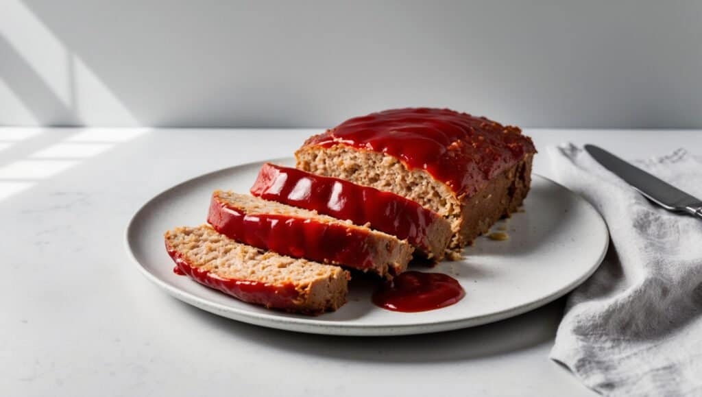 Delicious sliced meatloaf with a comforting ketchup glaze sits invitingly on a white plate, accompanied by a knife and napkin.