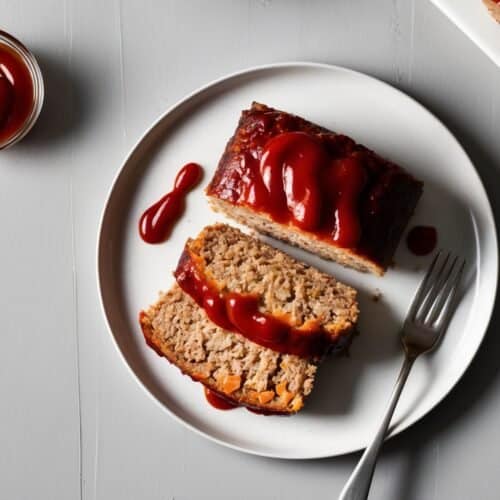 A plate with classic meatloaf slices covered in comforting ketchup, alongside a fork. A small bowl of ketchup with a spoon is on the side.