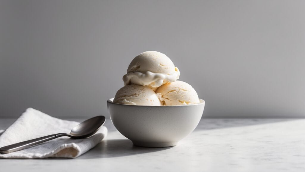 A bowl of three creamy scoops of homemade vanilla ice cream rests on a marble surface, with a spoon and napkin beside it.