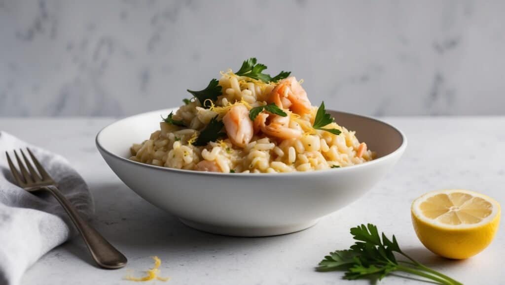 A bowl of pasta with shrimp, lemon zest, and parsley is elegantly presented on a white surface. A fork and a half lemon are nearby, inviting you to indulge while Parmesan adds a touch of richness to the vibrant flavors.