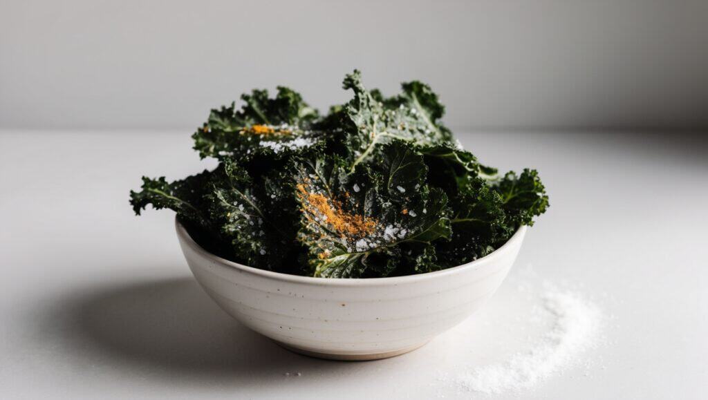 A bowl of Oprah’s Favorite kale, seasoned with salt and spices, sits on a white surface like a serving of homemade kale chips.