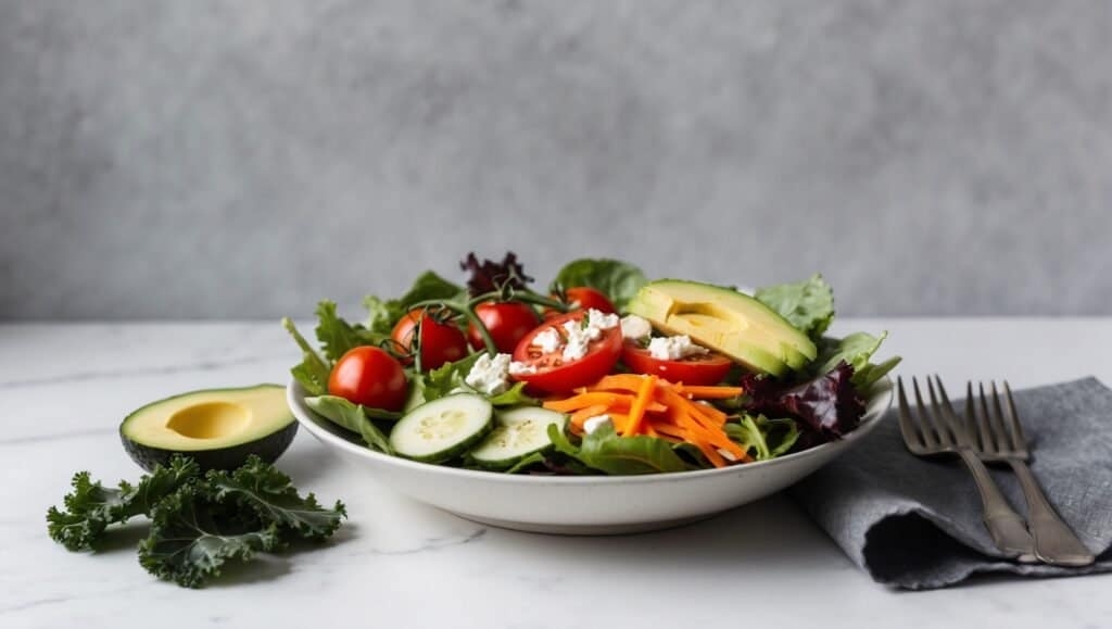 A fresh salad with lettuce, kale chips, cherry tomatoes, cucumber slices, carrot strips, avocado, and feta cheese on a white plate. Half an avocado and two forks are beside it.