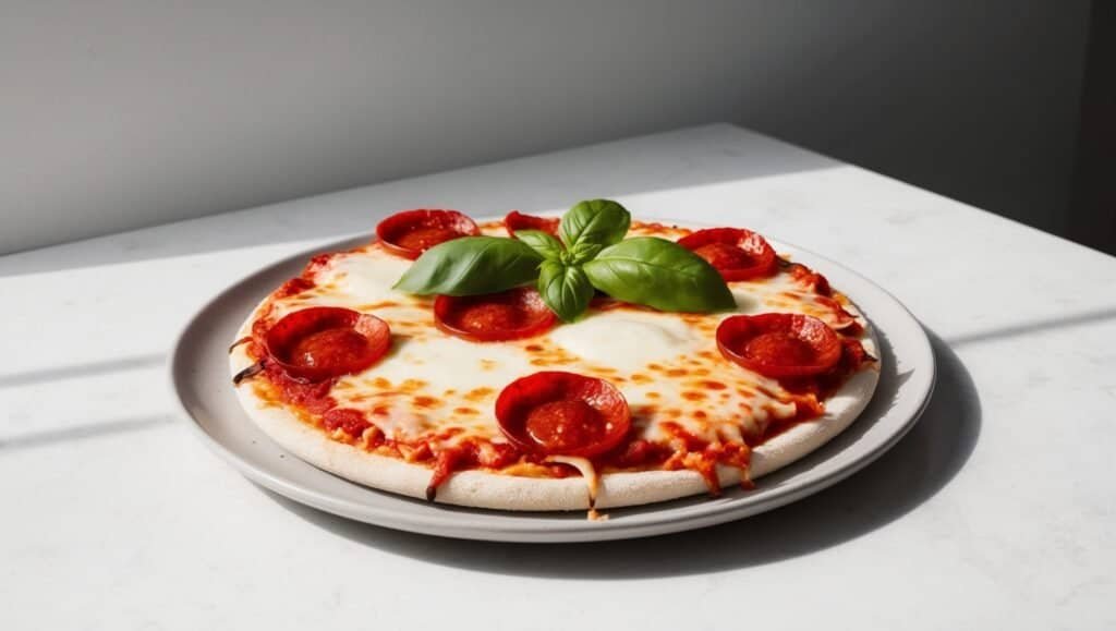 A delicious crust-free pizza featuring pepperoni and fresh basil leaves sits invitingly on a white plate, resting on a light-colored table.