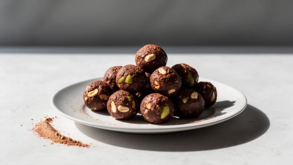 A white plate with a stack of chocolate energy bombs containing nuts, seeds, and dates sits on a surface dusted with cocoa powder.