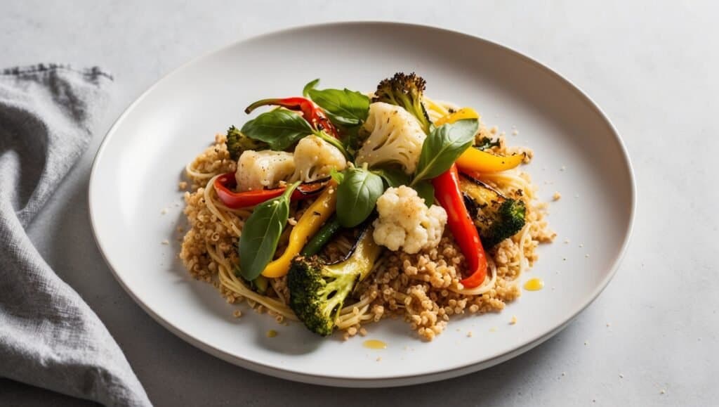 A plate with a light and nourishing mix of quinoa, roasted broccoli, cauliflower, red and yellow bell peppers, and fresh basil leaves.