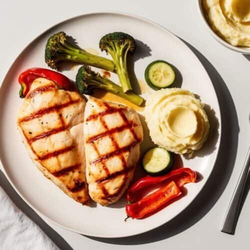 Grilled chicken breasts accompanied by roasted red peppers, broccoli, and zucchini alongside creamy mashed potatoes on a white plate. A fork and a side bowl of mashed potatoes complete this delicious grilled chicken meal.