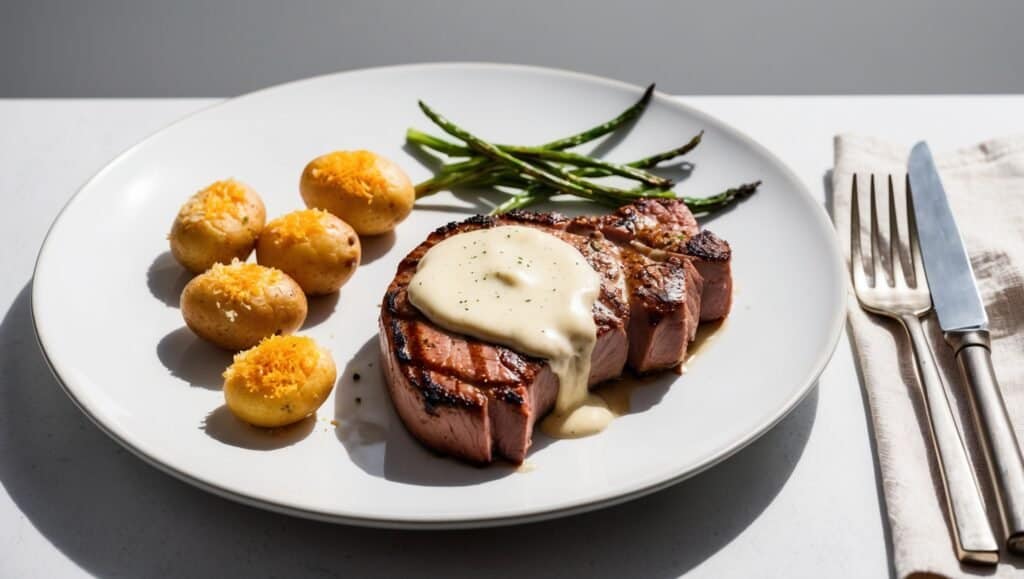 A plate with Au Poivre grilled steak topped with sauce, Parmesan-crusted roasted potatoes, and asparagus. Fork and knife on the side.