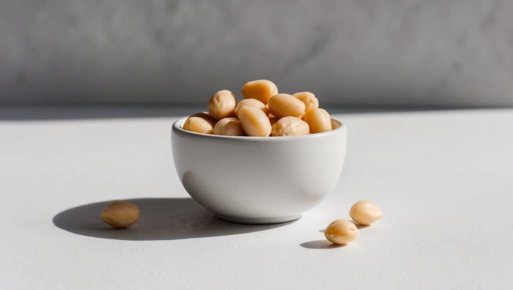 A white bowl filled with brain-boosting chickpeas sits on a white surface, with a few scattered around it like a wholesome macadamia nut snack.