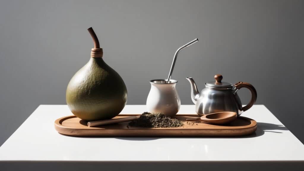 A wooden tray holds a gourd flask, dried herbs for yerba mate, a metal straw in a white cup, a metal teapot, and a homemade wooden spoon on a white table.