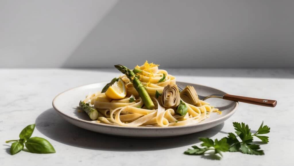 A plate of pasta featuring tender asparagus and artichokes, accented with lemon slices and garnished with fresh herbs. A wooden-handled fork rests on the plate's edge.