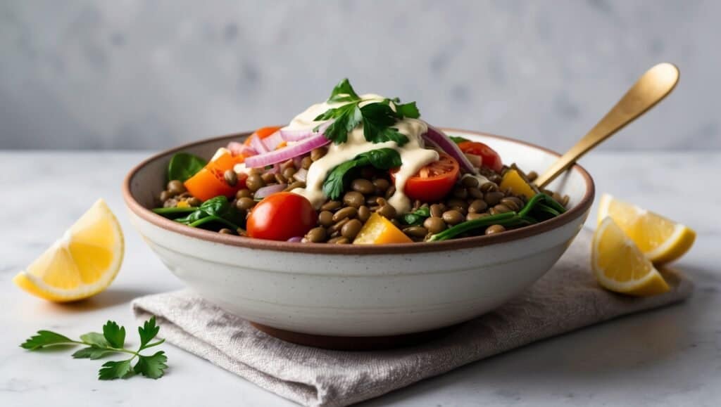 A power bowl of lentil salad with tomatoes, red onions, parsley, and a creamy dressing, garnished with lemon wedges on a marble surface.