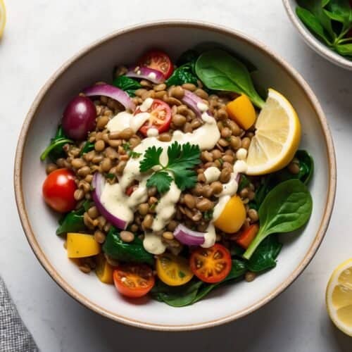 A vibrant power bowl featuring a mix of lentils, cherry tomatoes, red onion, spinach, and yellow bell pepper, drizzled with dressing and crowned with cilantro. Lemon wedges and a small dish accompany this veggie delight.