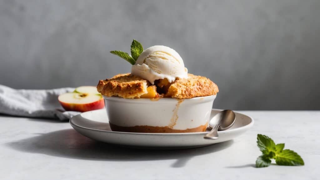 A baked apple cobbler in a white dish topped with a scoop of vanilla ice cream and a mint sprig, placed on a plate with a spoon, is the epitome of a classic dessert. Accompanied by apple slices and garnished with mint leaves, this treat is sure to make even Michelle Obama smile. .