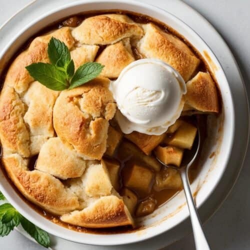 A classic recipe, this apple cobbler is topped with a scoop of vanilla ice cream and garnished with mint leaves in a round white dish.