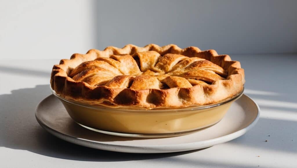 A freshly baked classic apple pie with a golden brown crust, reminiscent of a recipe Michelle Obama might enjoy, set on a white plate under natural light.