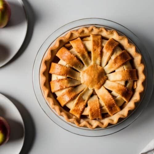 A golden-brown classic apple pie rests on a white surface, accompanied by two plates with red and green apples. A folded cloth sits neatly on the right, perfectly setting the stage for sharing this cherished apple pie recipe with loved ones.