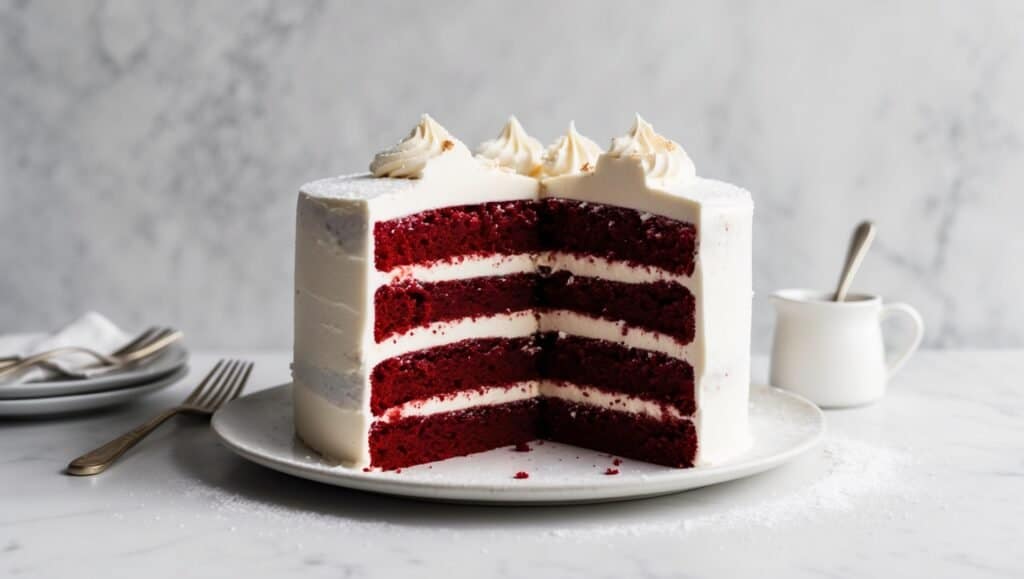 A decadent four-layer red velvet cake with white frosting is sliced to reveal its layers, placed on a white plate. A fork and napkin are on the side, alongside a small jug in the background, reminiscent of an elegant meal that even Michelle Obama would savor.