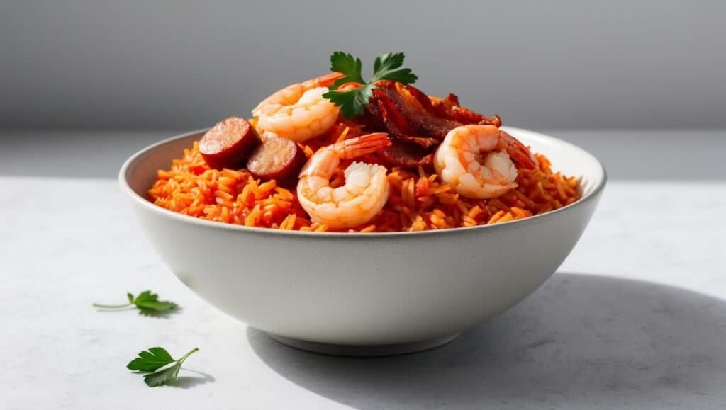 A white bowl of soulful red rice topped with succulent shrimp and savory sausage slices, garnished with fresh parsley on a light surface.