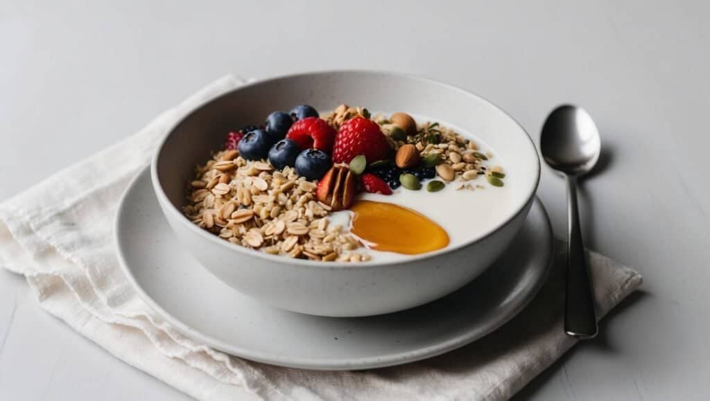 A power bowl of yogurt topped with muesli, fresh berries, nuts, and seeds sits on a white napkin with a spoon beside it.