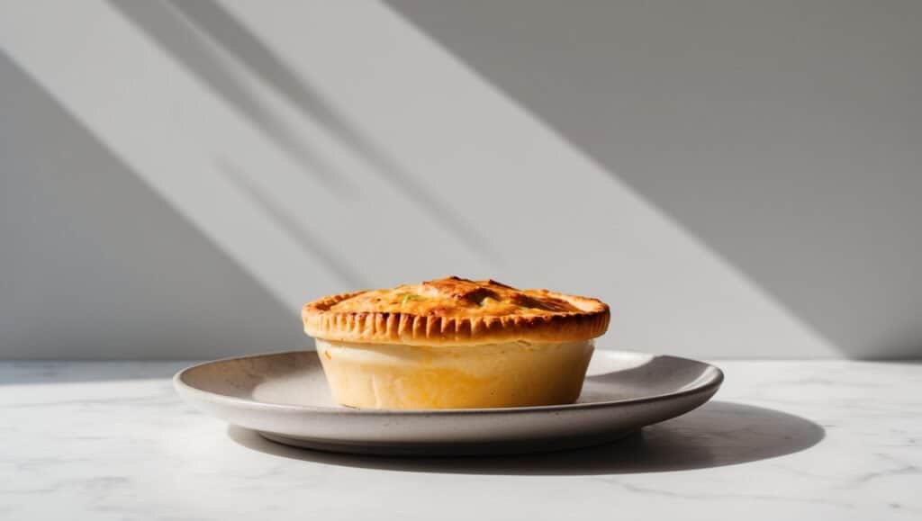 A freshly baked chicken pot pie sits on a ceramic plate, with sunlight casting shadows on the marble surface.