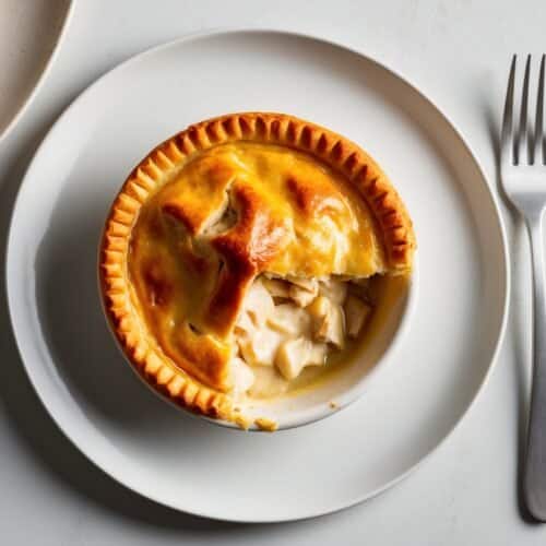 A chicken pot pie with a piece removed reveals its savory filling on a white plate, with a fork invitingly placed beside it. One bite, and you'll understand why even Oprah loves the comforting taste of this classic dish.