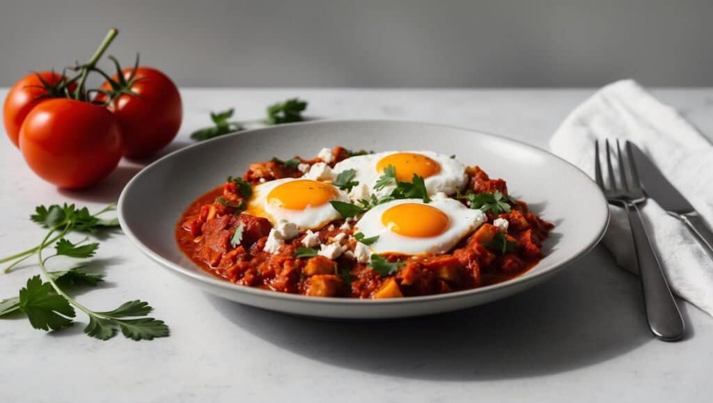 A plate of Oprah's Favorite Shakshuka with three sunny-side-up eggs, garnished with herbs, sits invitingly next to fresh tomatoes and a fork and knife resting on a napkin.