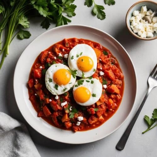 A plate of shakshuka, Oprah's favorite dish, features three poached eggs on top, garnished with parsley. A bowl of crumbled cheese, a fork, and fresh herbs are beside the plate.