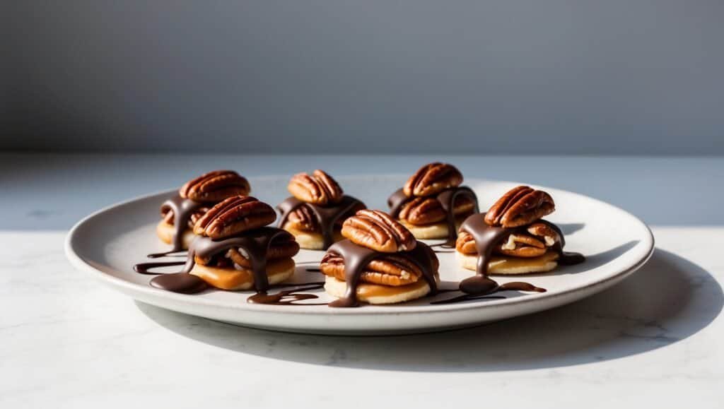 A plate of small pecan turtles drizzled with chocolate, arranged in neat rows on a light-colored table, offer a rich blend of flavors that could even impress Oprah herself.