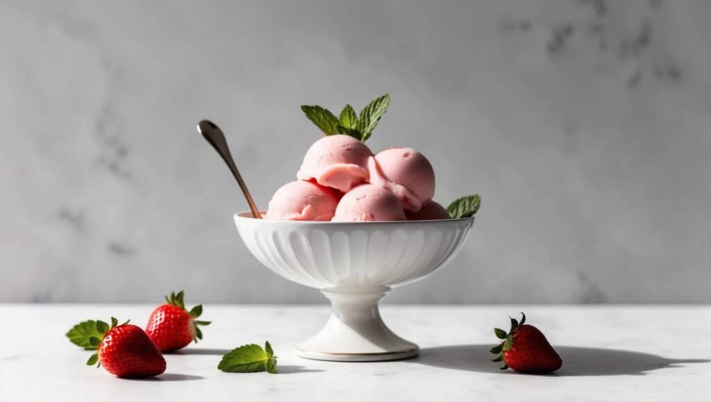 A white bowl of refreshing pink strawberry ice cream with a spoon, garnished with mint leaves. Fresh strawberries and mint leaves are scattered around on a marble surface, reminiscent of Oprah's favorite strawberry sorbet moments.