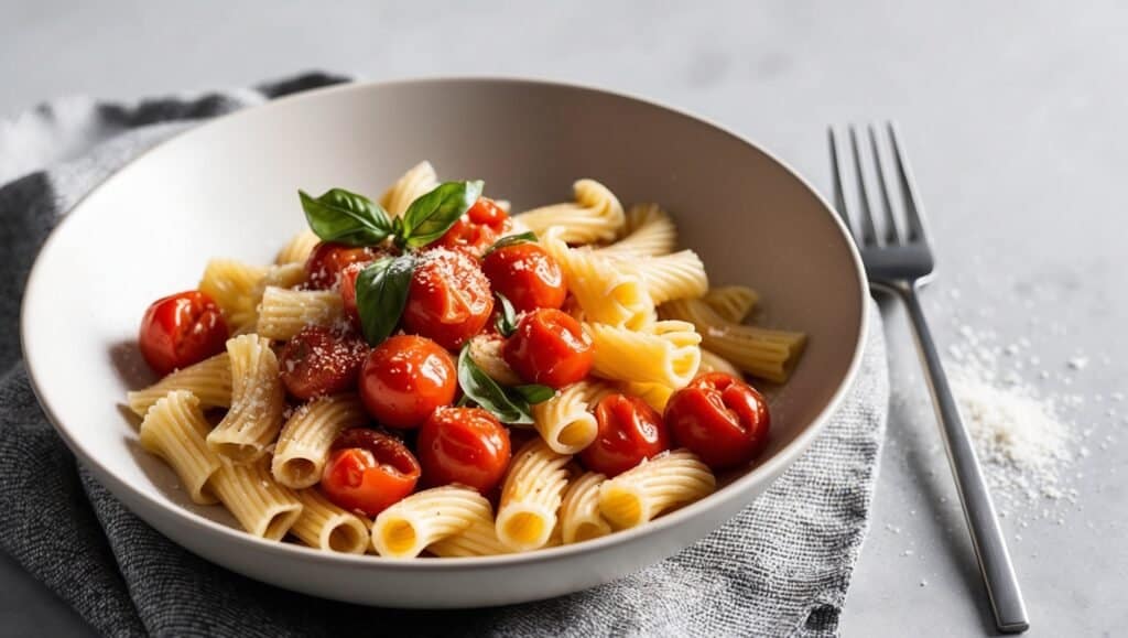 A bowl of pasta with cherry tomatoes and basil, topped with grated cheese, resembles a dish worthy of Michelle Obama's table. A fork and scattered cheese rest on the gray surface beside a cloth napkin.