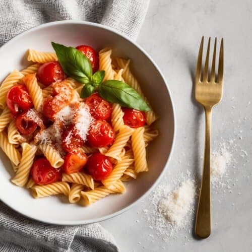 A white bowl of pasta with cherry tomatoes, a basil leaf, and grated cheese sits elegantly on a gray cloth. A gold fork rests beside it, accompanied by a sprinkle of grated cheese that beckons like an invitation from Michelle Obama herself to savor this delightful dish.