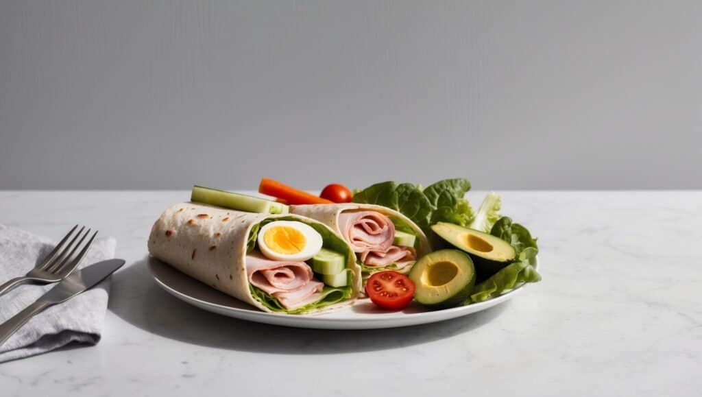 A parchment wrap reveals a sliced turkey and egg wrap nestled with avocado halves, cherry tomatoes, and lettuce on a marble surface, creating a portable chef's salad delight.