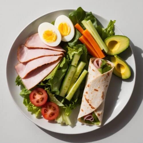 A plate showcasing a Portable Chef's Salad with sliced ham, boiled egg halves, avocado, tomato, cucumber, carrot sticks, and lettuce—all perfectly paired with a parchment-wrapped tortilla.
