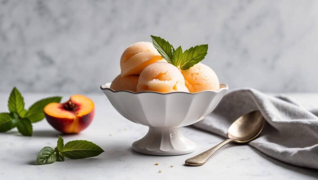 A bowl of peach sorbet infused with a hint of ginger, garnished with mint leaves, sits gracefully next to a halved peach and a spoon on the marble surface.
