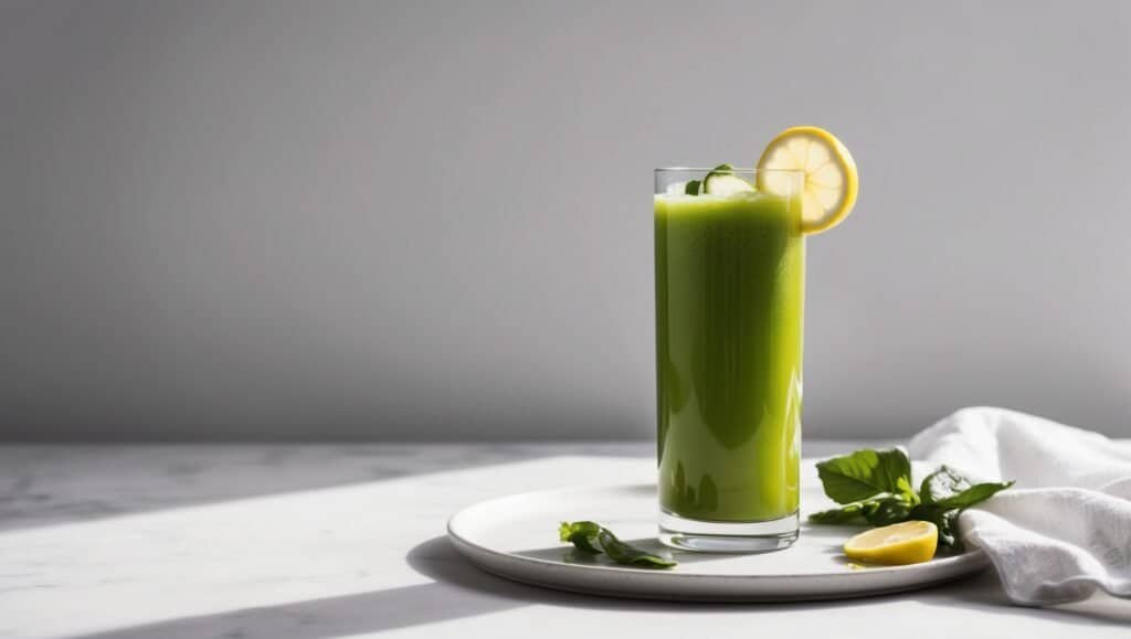 A glass of green juice with a lemon slice on the rim sits on a plate with scattered greens and a lemon wedge, reminiscent of something Renée Zellweger might enjoy on a serene morning, all set against a crisp white surface.