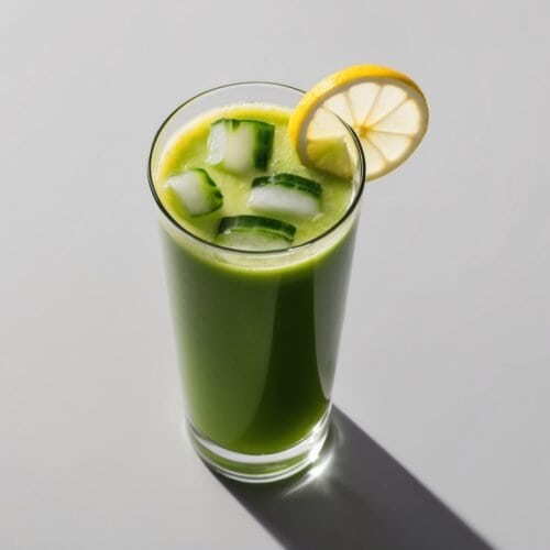 A tall glass of Signature Green Juice, complete with ice cubes and a lemon slice garnish, sits stylishly on a gray surface—much like a scene from a Renée Zellweger movie.