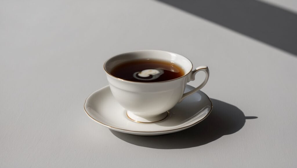 A white teacup brimming with bold English Breakfast tea and a swirl of cream sits gracefully on a matching saucer atop a gray surface.