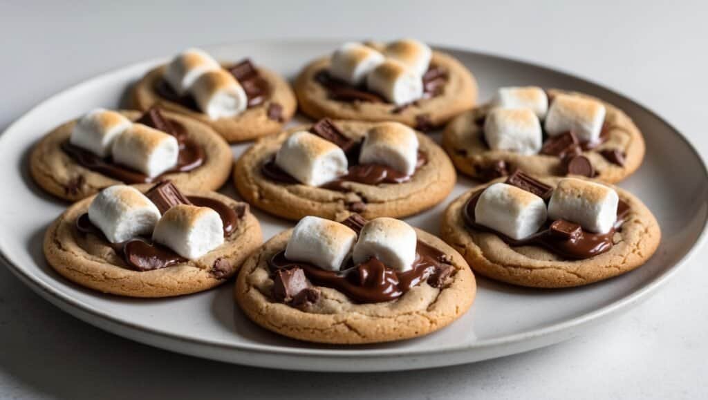 A delicious plate of gooey s'mores cookies topped with melted chocolate, marshmallows, and extra chocolate pieces. Perfect for indulging after a spirited sports session just like Simone Biles might do when treating herself.