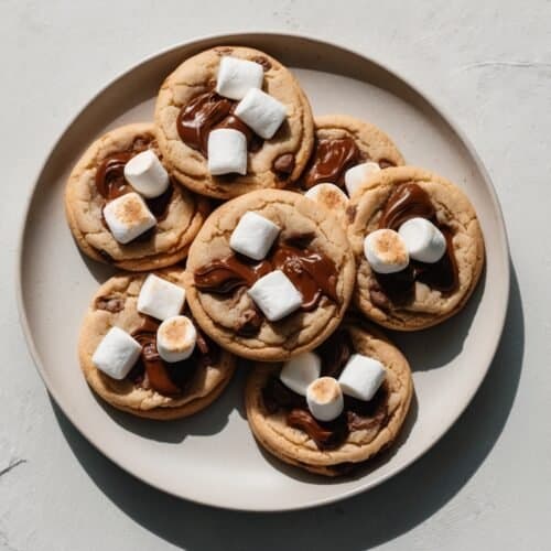 A plate of gooey cookies topped with melted chocolate and marshmallows, reminiscent of delicious s'mores.