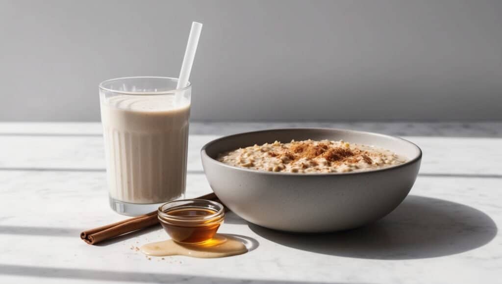 A protein-packed bowl of oatmeal topped with brown sugar sits next to a glass of milk, a small bowl of honey, and a cinnamon stick on a marble surface—perfect for your post-workout recovery.