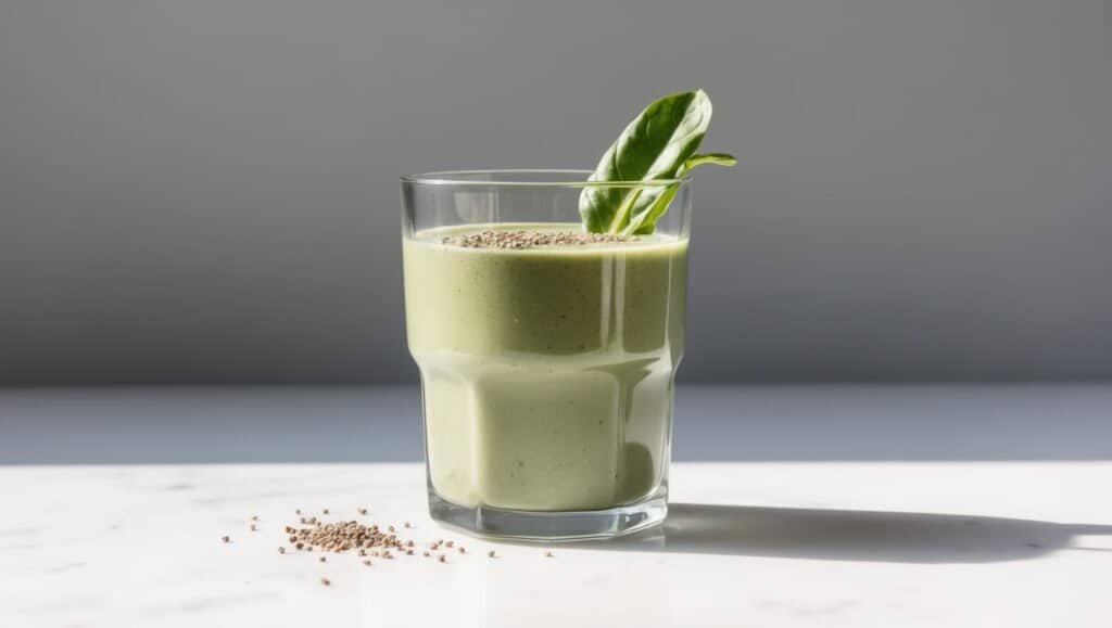 A glass of green breakfast smoothie infused with spinach, topped with chia seeds and a basil leaf, rests on a white surface with scattered seeds nearby.