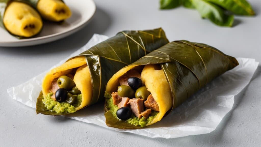 Two tamales wrapped in green leaves, filled with pork-stuffed plantain masa, olives, and avocado, rest on wax paper. In the background, more Puerto Rican pasteles await on a plate.