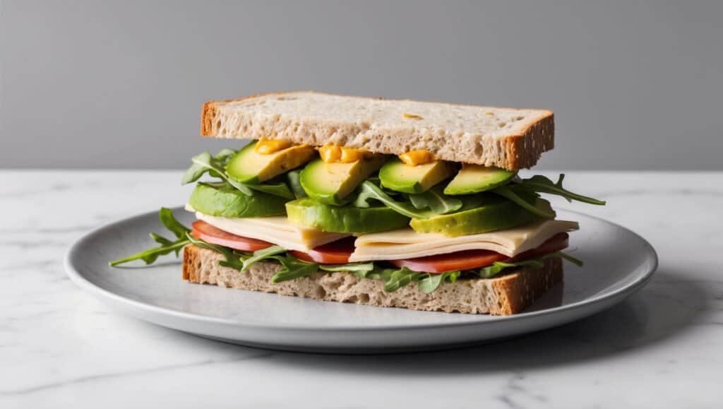 A delicious Turkey and Avocado Sandwich featuring layers of creamy avocado, smoked gouda, tasty turkey, ripe tomato, and fresh arugula between slices of bread.