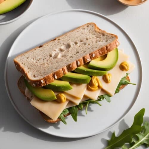 A delectable avocado sandwich rests on a white plate, featuring sliced avocado, smoked gouda, and fresh arugula. A drizzle of mustard adorns the seeded bread, with extra avocado and arugula leaves nearby to complete this delightful ensemble.